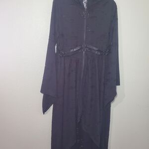 Killstar Black Hooded Gothic Cape Coat with Faux-Leather Trim